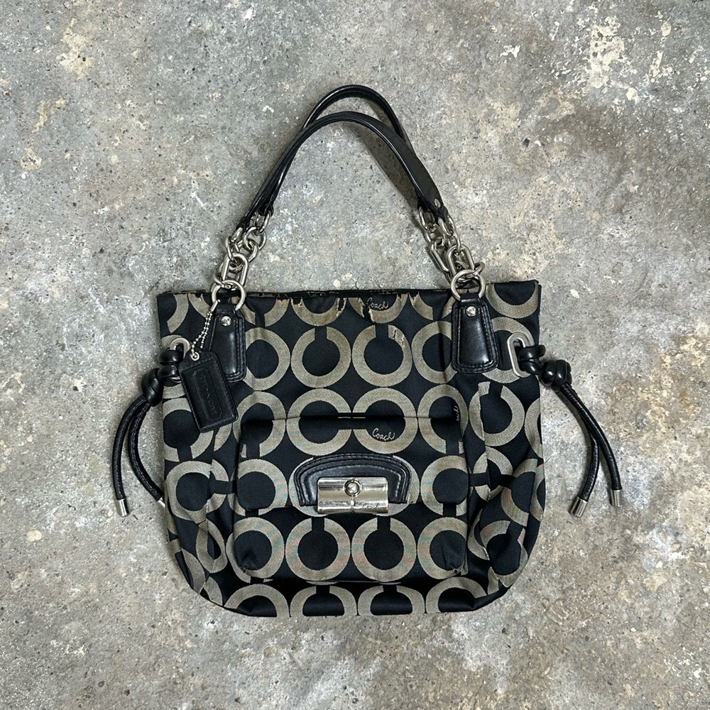 Coach Black Monogram Silver Chain Hobo Bag
